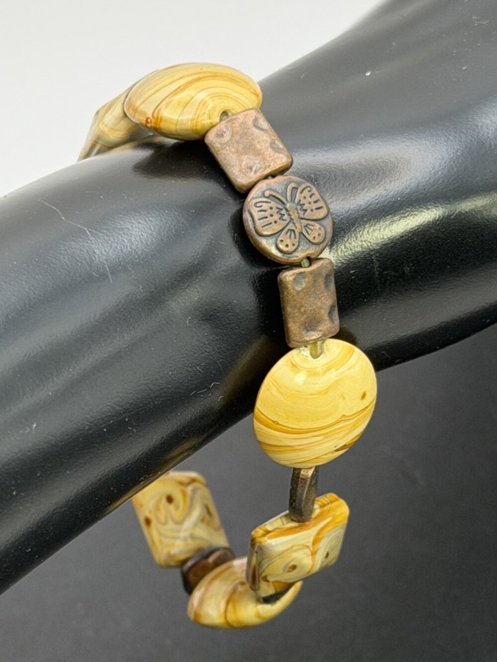 Artisan Marbled Resin Stretch Bracelet Copper Tone Butterfly Floral Boho 7.5"